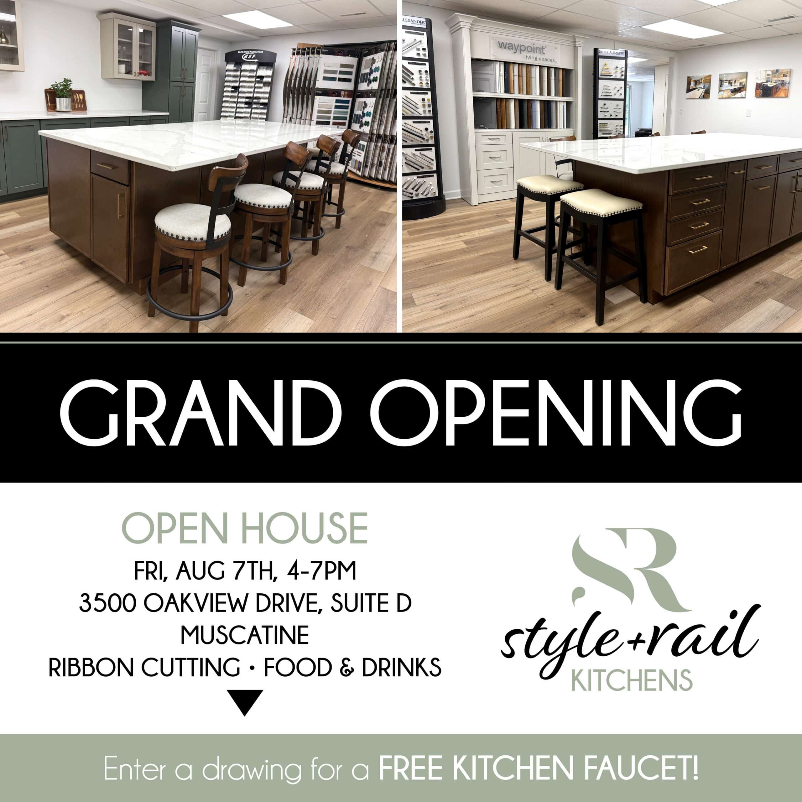 Style & Rail Kitchens showroom displaying cabinets, countertops, and tile samples in Muscatine, Iowa.